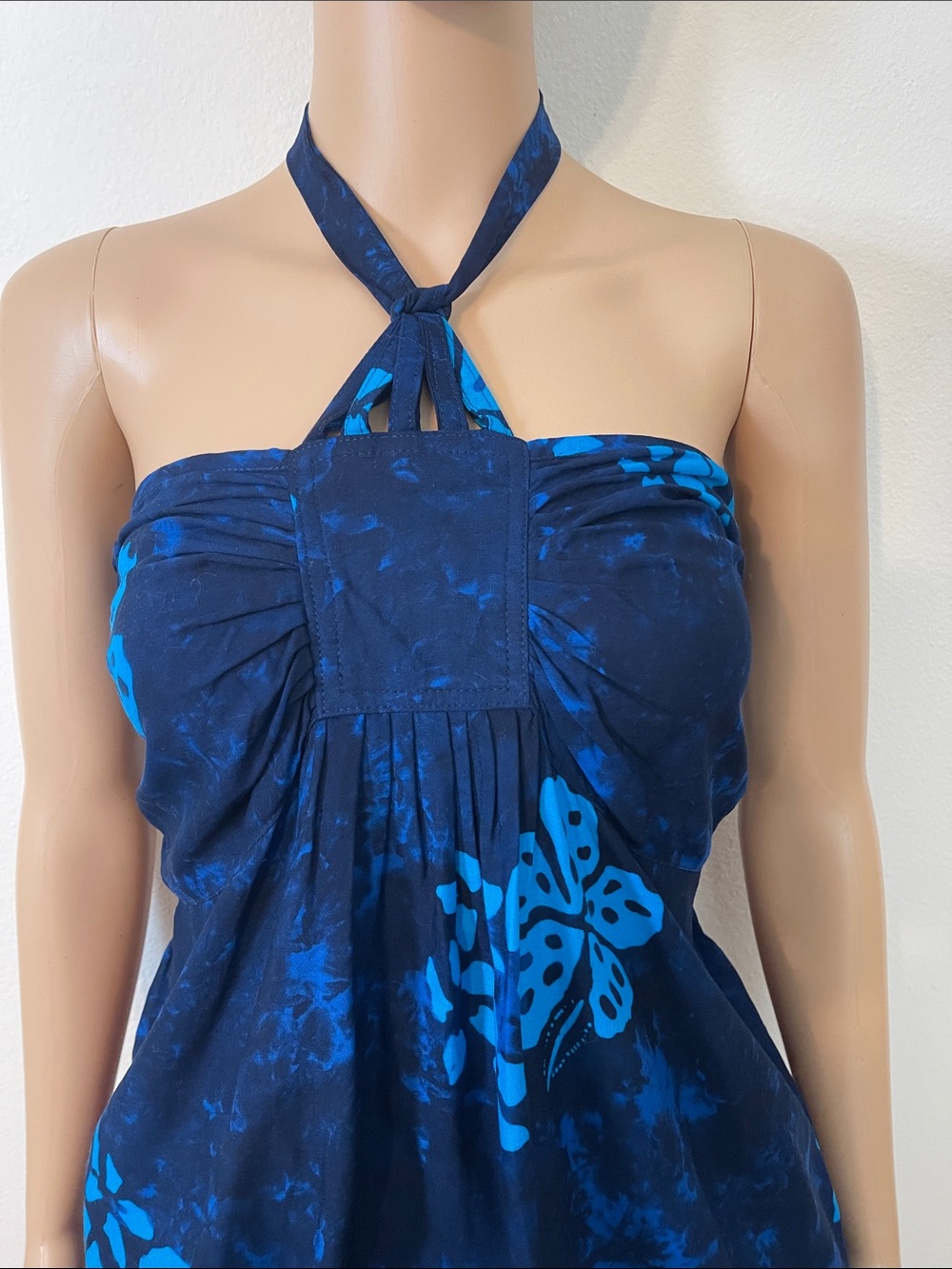 Blue Floral Halter Dress Empire Waist Adjustable Length